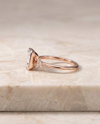 The Selena Clover Bezel Accent Solitaire Radiant Cut Engagement Ring Setting in 14K Rose Gold