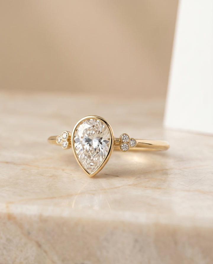 The Selena Clover Bezel Accent Solitaire Princess Cut Engagement Ring Setting in 18K Yellow Gold