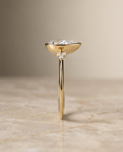 Selena Select Clover Bezel Accent Solitaire Princess Cut Lab Diamond Engagement Ring in 18K Yellow Gold, side view | RockHer
