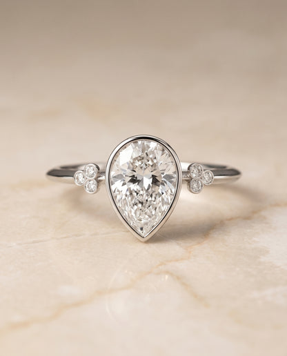 The Selena Clover Bezel Accent Solitaire Princess Cut Engagement Ring Setting in 18K White Gold