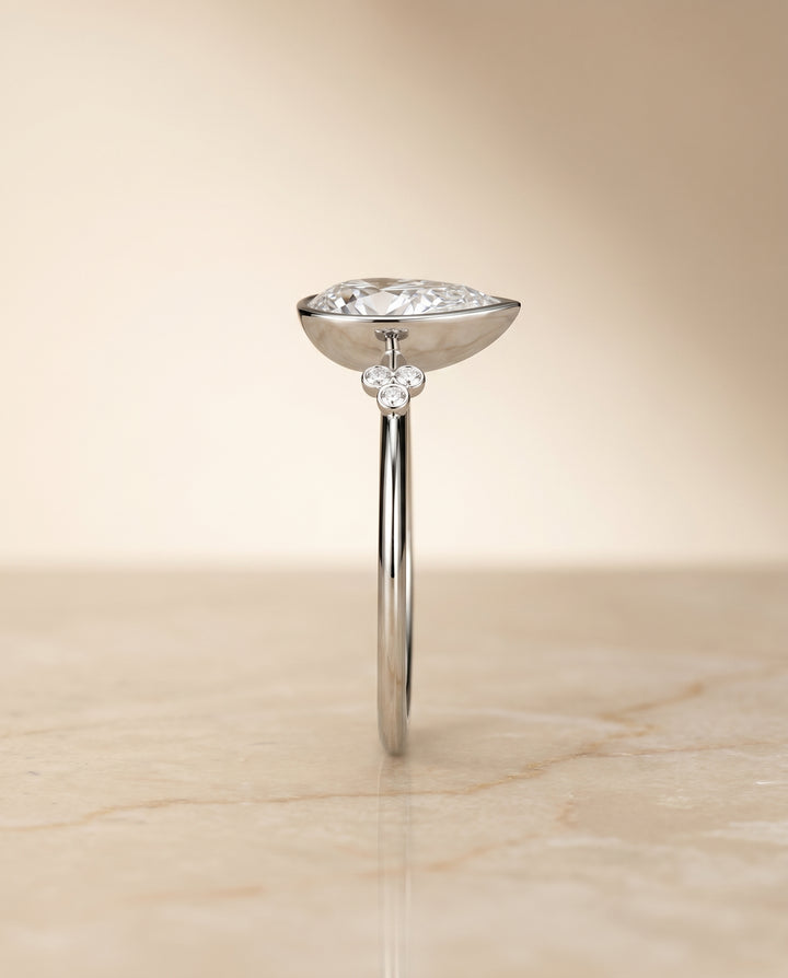 The Selena Clover Bezel Accent Solitaire Princess Cut Engagement Ring Setting in 18K White Gold