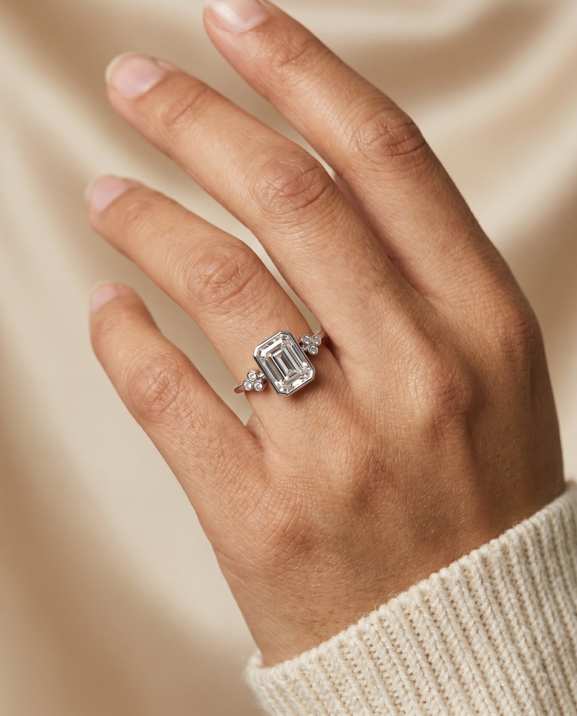 The Selena engagement ring setting in Platinum, clover bezel accent solitaire cut design | RockHer