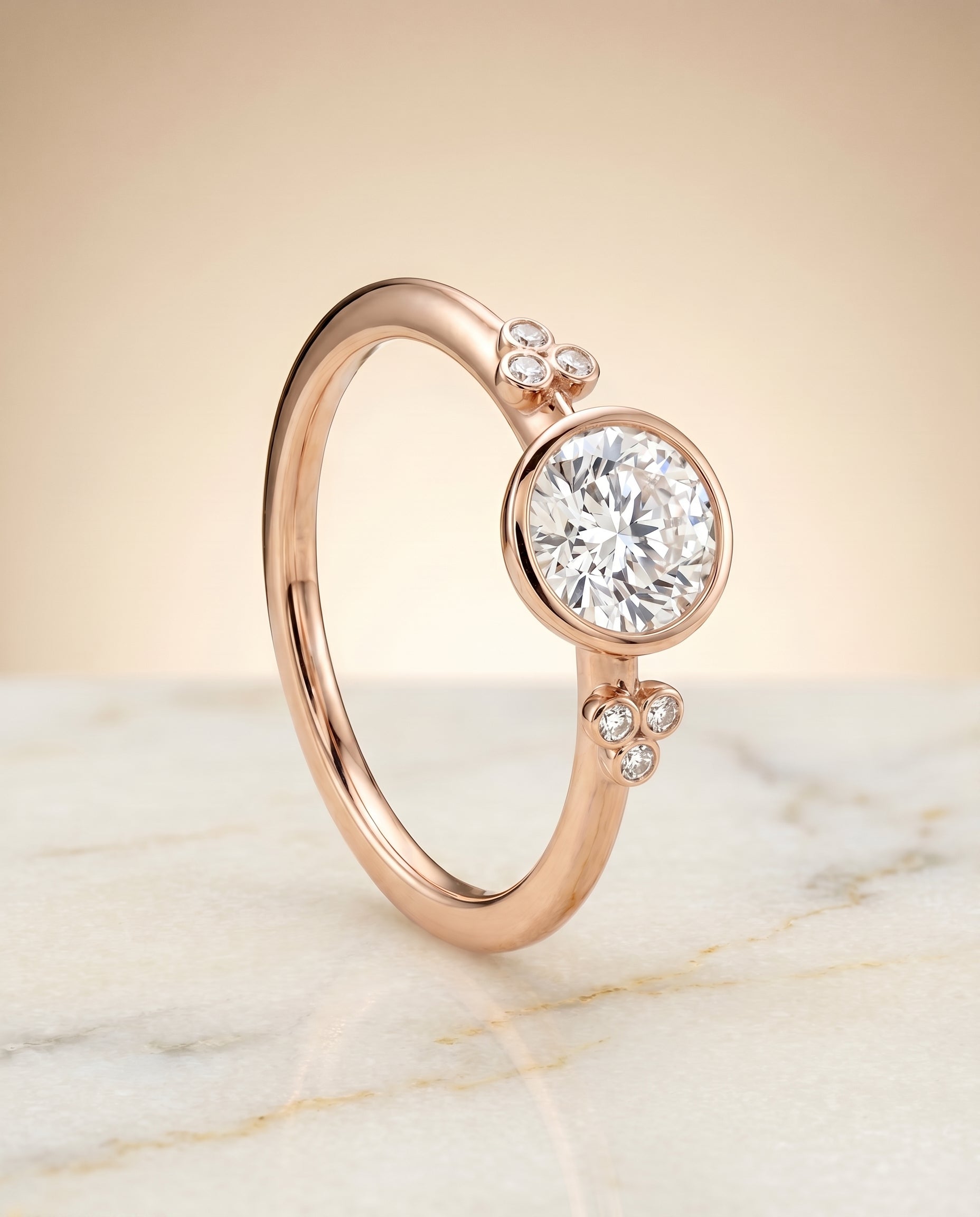 Clover Bezel Accent Solitaire styling on The Selena round engagement ring setting | RockHer