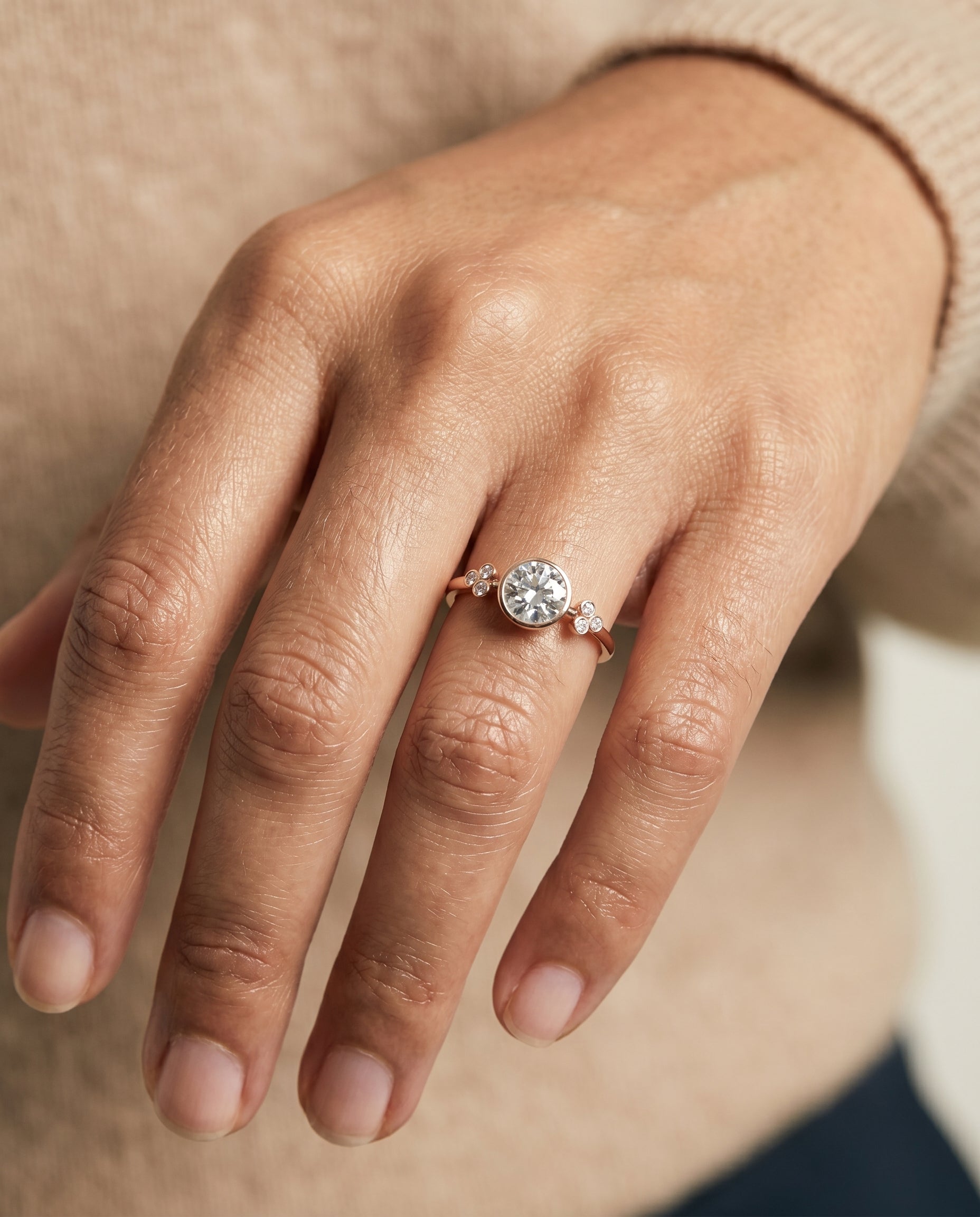 The Selena engagement ring setting in 14K Rose Gold, clover bezel accent solitaire design | RockHer