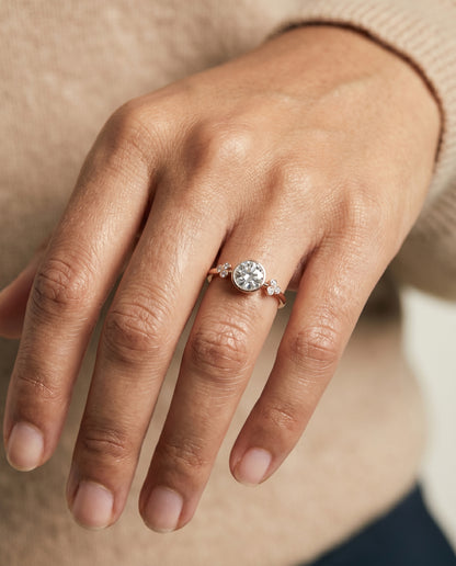 The Selena Clover Bezel Accent Solitaire Round Engagement Ring Setting in 14K Rose Gold