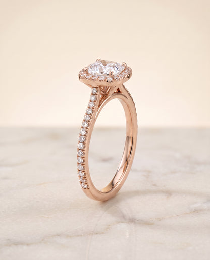 The Sonata Graduated Shank Pavé Halo Cushion Cut Engagement Ring Setting in 14K Rose Gold