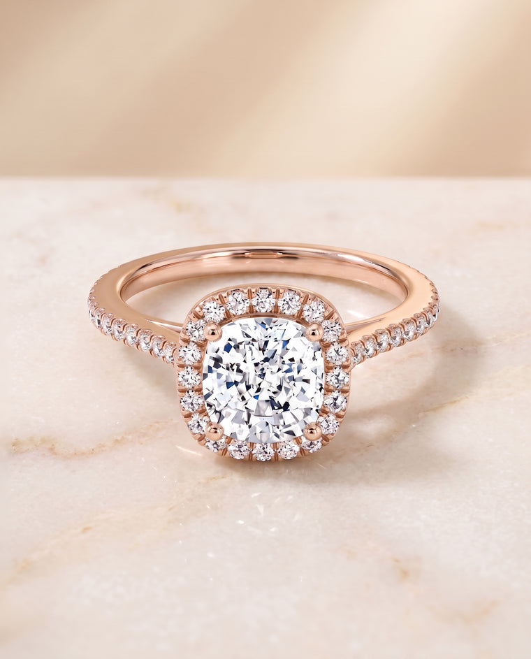 The Sonata Graduated Shank Pavé Halo Cushion Cut Engagement Ring Setting in 14K Rose Gold