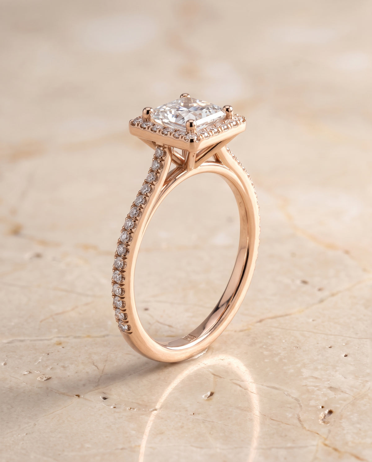 The Sonata Graduated Shank Pavé Halo Princess Cut Engagement Ring Setting in 14K Rose Gold