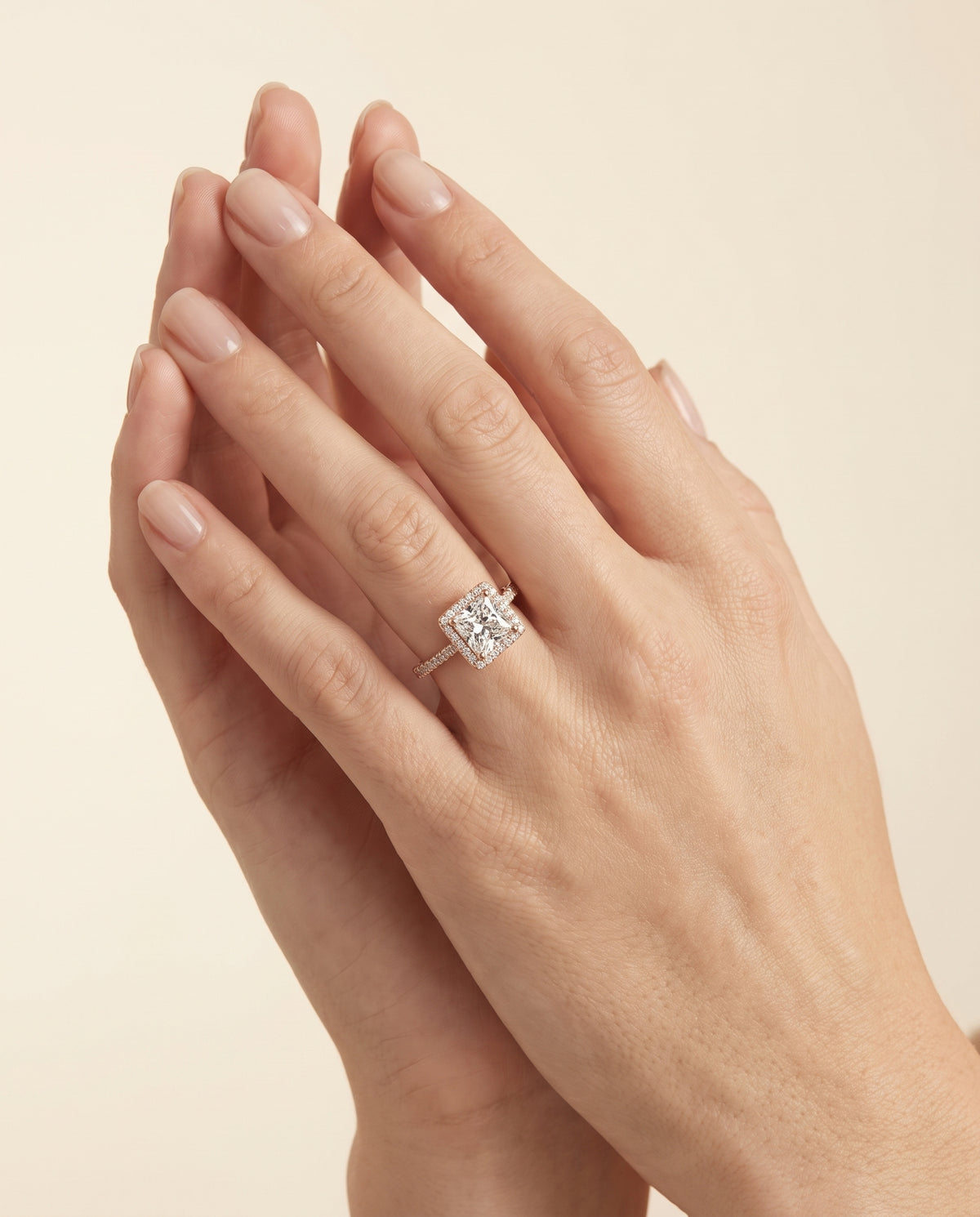 The Sonata Graduated Shank Pavé Halo Princess Cut Engagement Ring Setting in 14K Rose Gold
