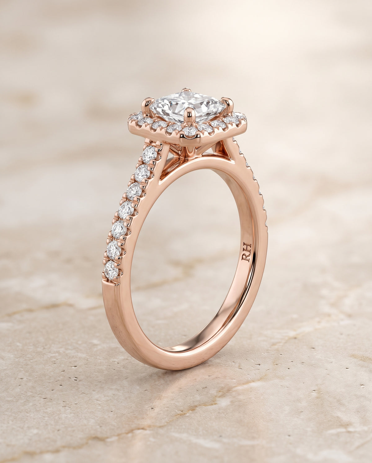 The Sonata Graduated Shank Pavé Halo Princess Cut Engagement Ring Setting in 14K Rose Gold