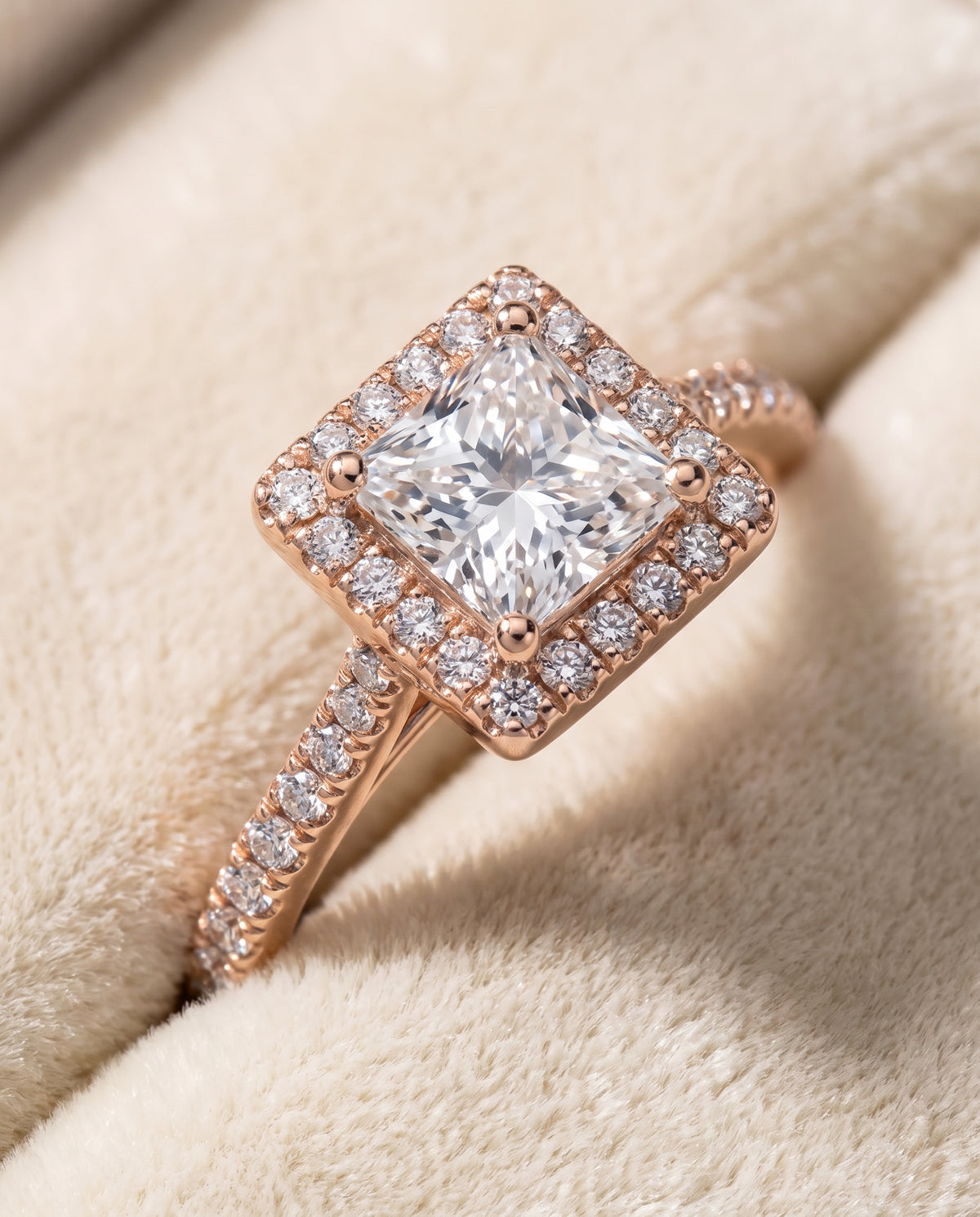 The Sonata Graduated Shank Pavé Halo Princess Cut Engagement Ring Setting in 14K Rose Gold