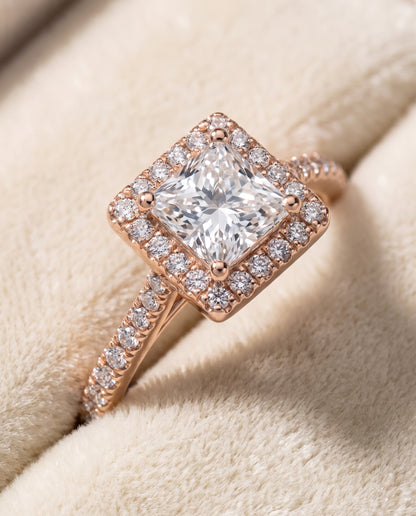 The Sonata Graduated Shank Pavé Halo Princess Cut Engagement Ring Setting in 14K Rose Gold