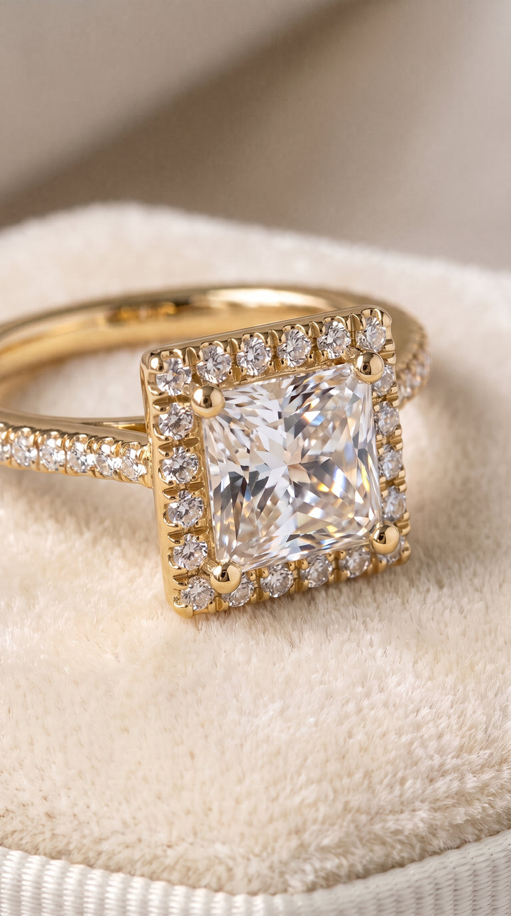 The Sonata Graduated Shank Pavé Halo Princess Cut Engagement Ring Setting in 18K Yellow Gold