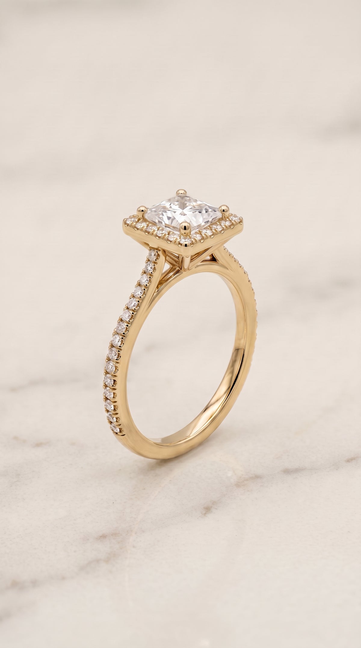 Graduated Shank Pavé Halo styling on The Sonata princess engagement ring setting | RockHer