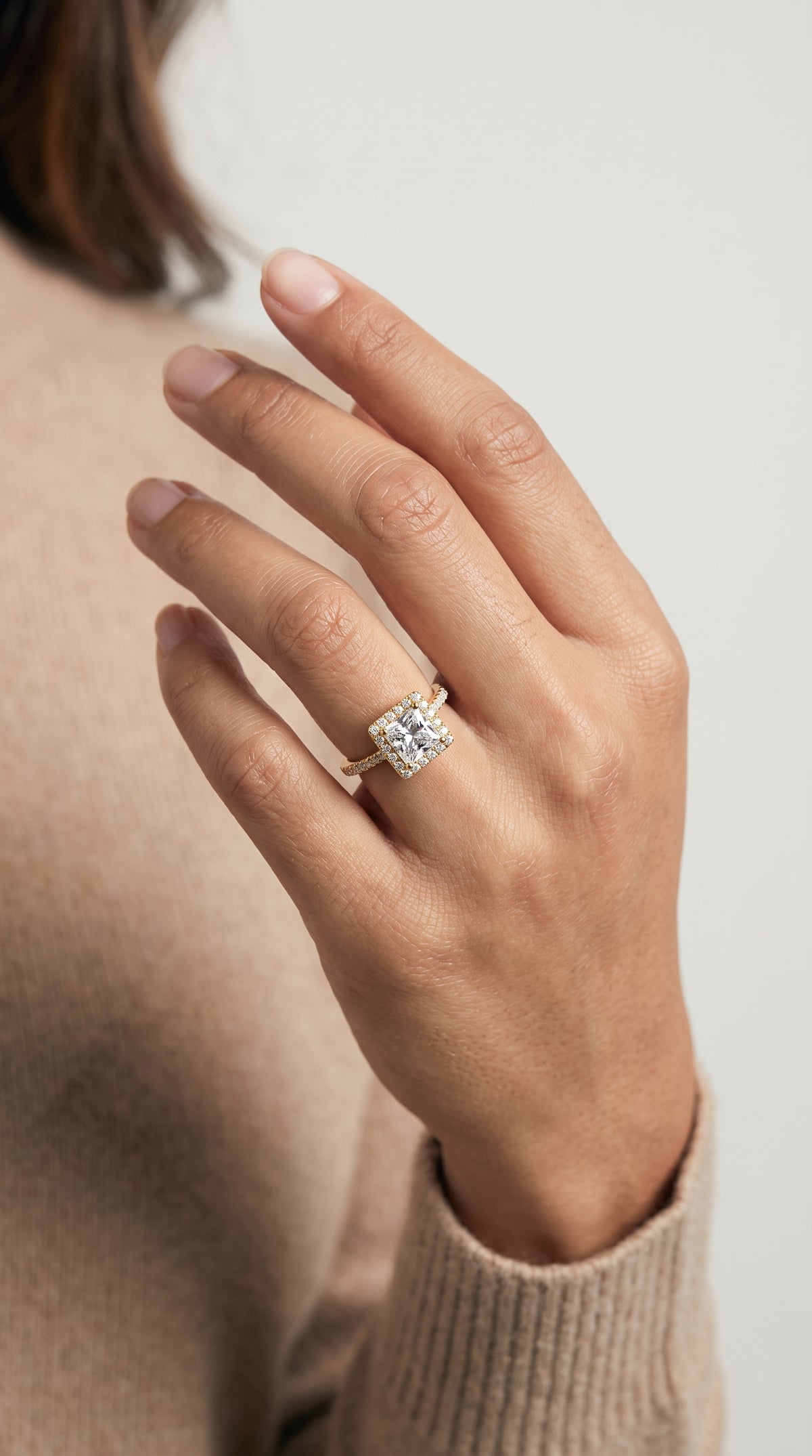 The Sonata engagement ring setting in 18K Yellow Gold, graduated shank pavé halo design | RockHer