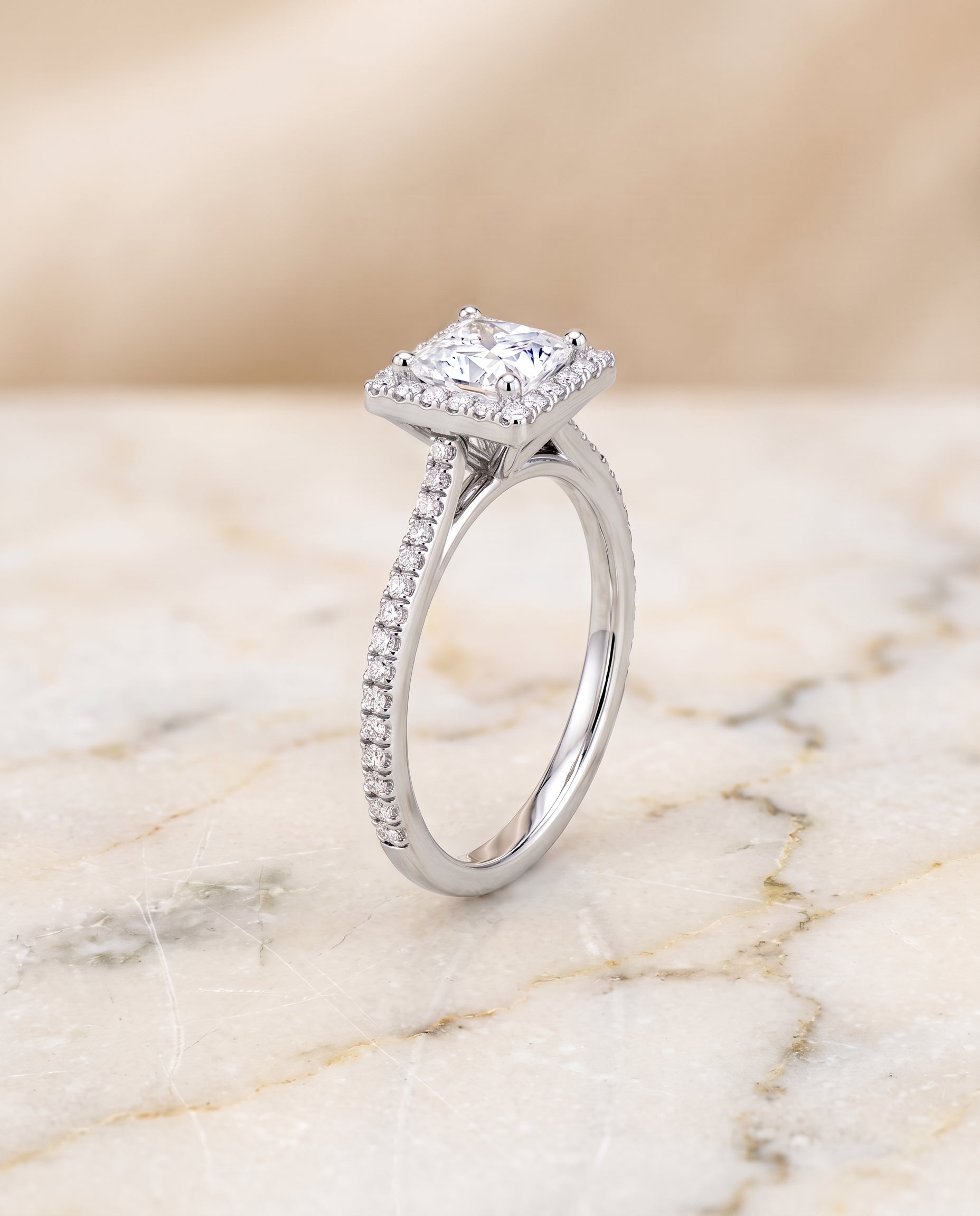 Graduated Shank Pavé Halo styling on The Sonata princess engagement ring setting | RockHer