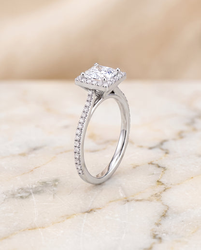 The Sonata Graduated Shank Pavé Halo Princess Cut Engagement Ring Setting in Platinum