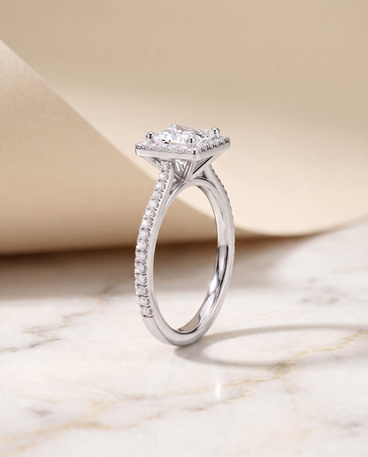 The Sonata Graduated Shank Pavé Halo Princess Cut Engagement Ring Setting in Platinum