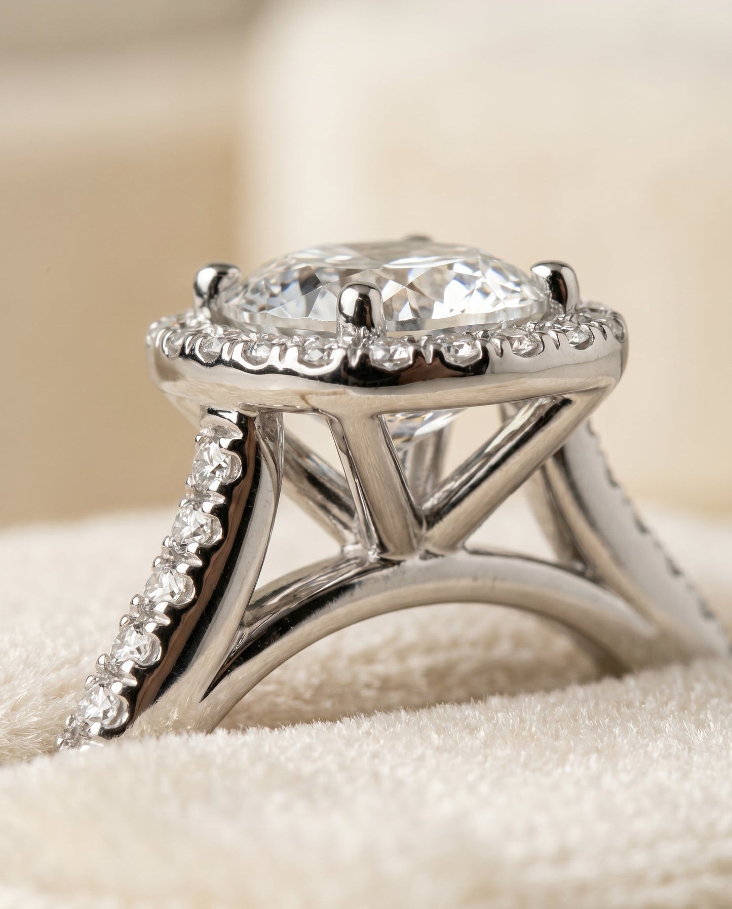 Sonata Select Graduated Shank Pavé Halo Cushion Cut Lab Diamond Engagement Ring in Platinum, detail view | RockHer