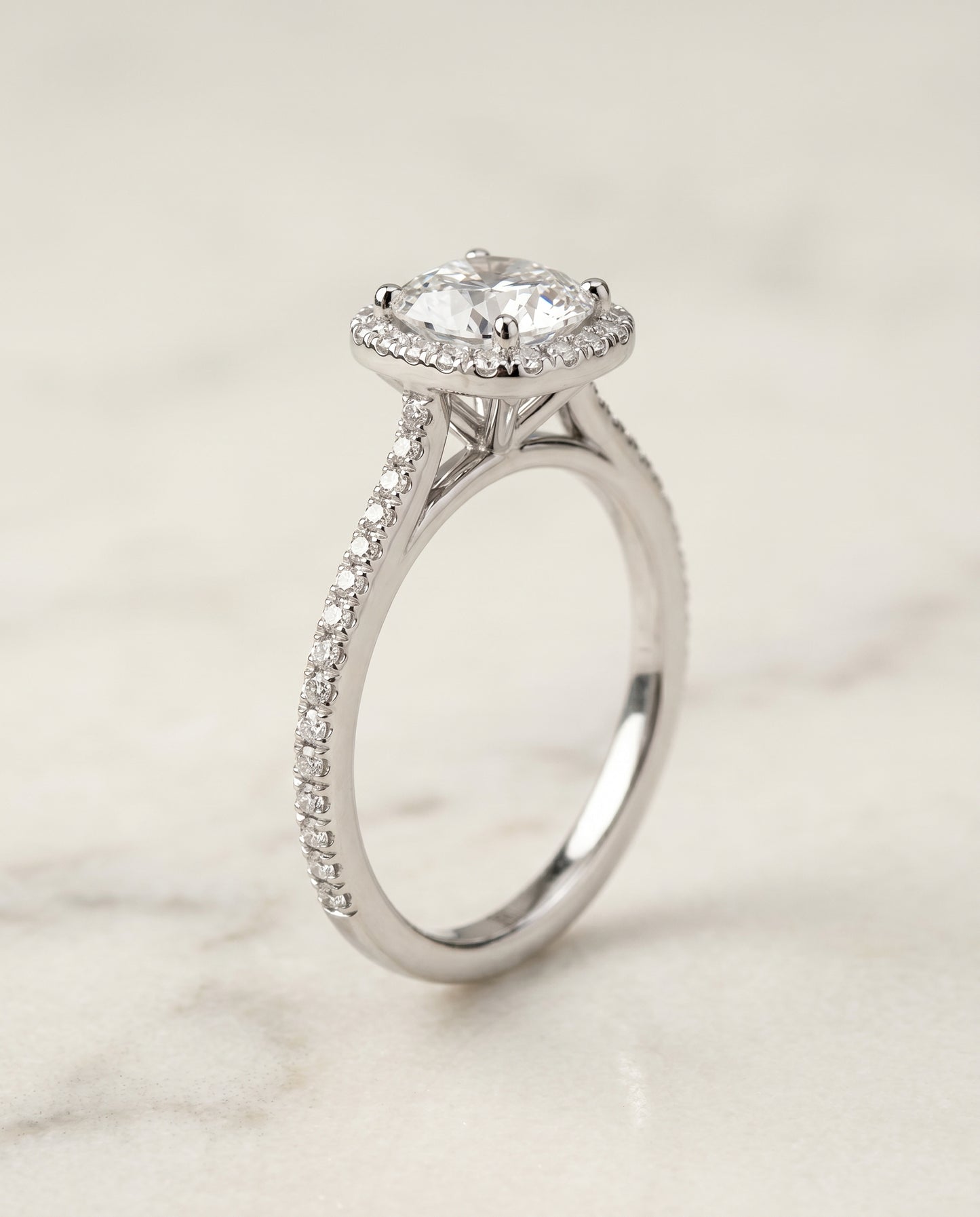 The Sonata Pavé Halo Engagement Ring Setting for Cushion Diamonds in 18K White Gold