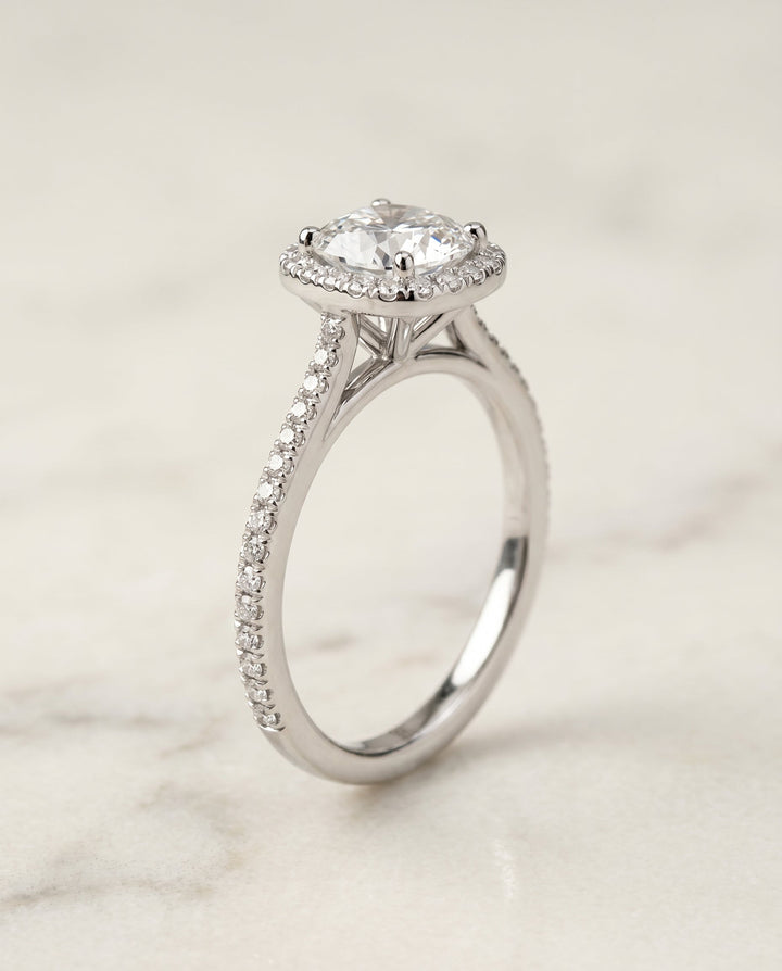 Sonata Select Graduated Shank Pave Halo Cushion in 18K White Gold – view 2