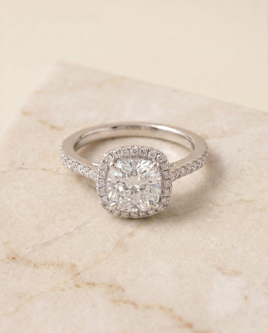 Sonata Select Graduated Shank Pave Halo Cushion in 18K White Gold – view 1
