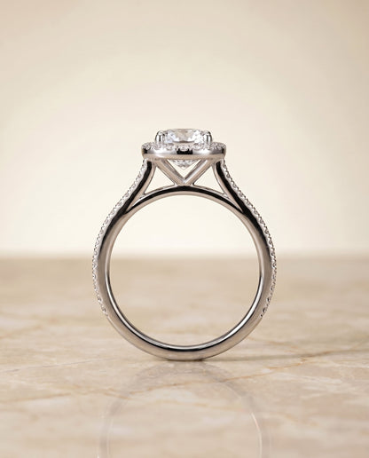 Sonata Select Graduated Shank Pavé Halo Cushion Cut Lab Diamond Engagement Ring in Platinum, side view | RockHer
