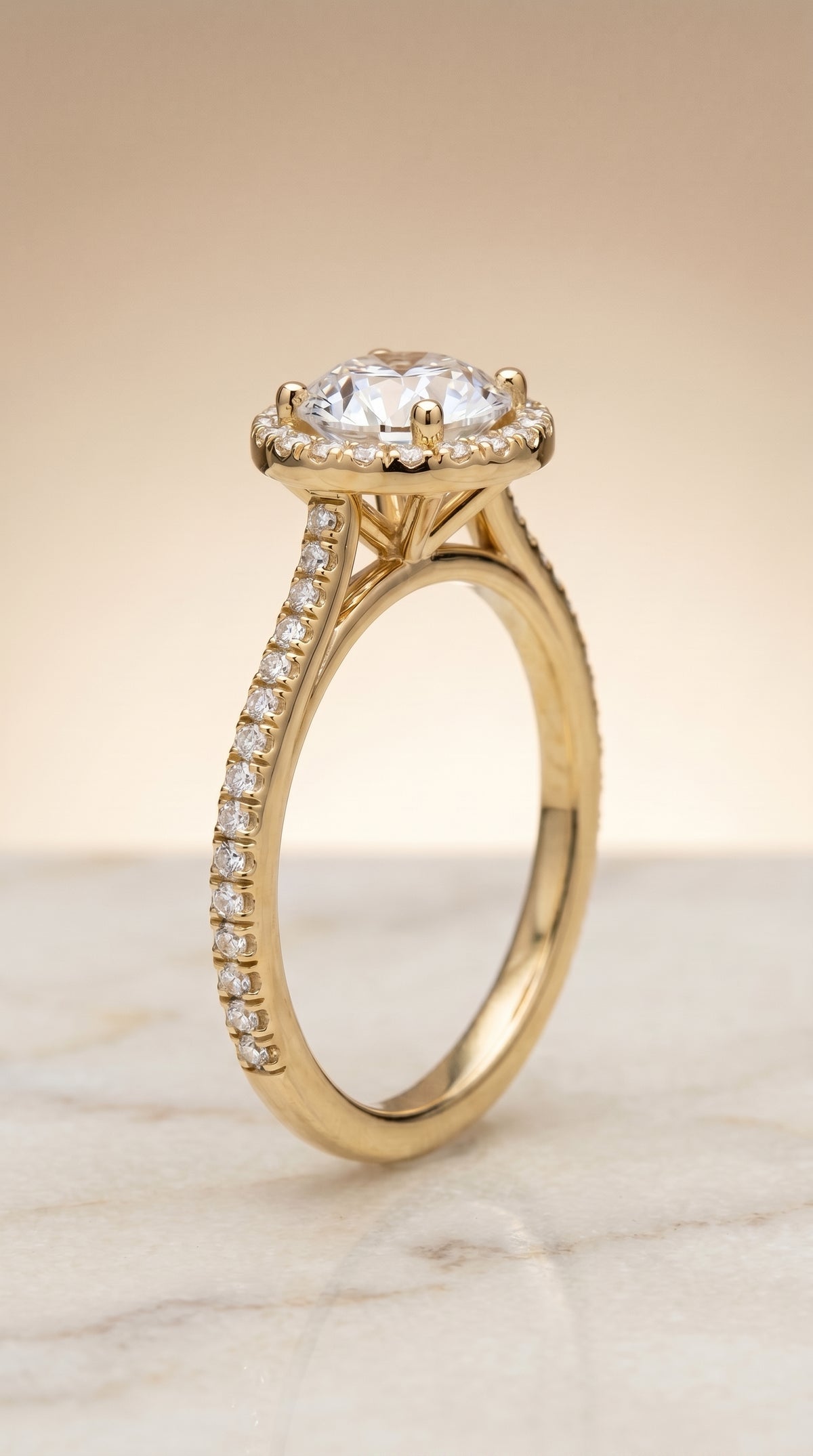 Graduated Shank Pavé Halo styling on The Sonata round engagement ring setting | RockHer