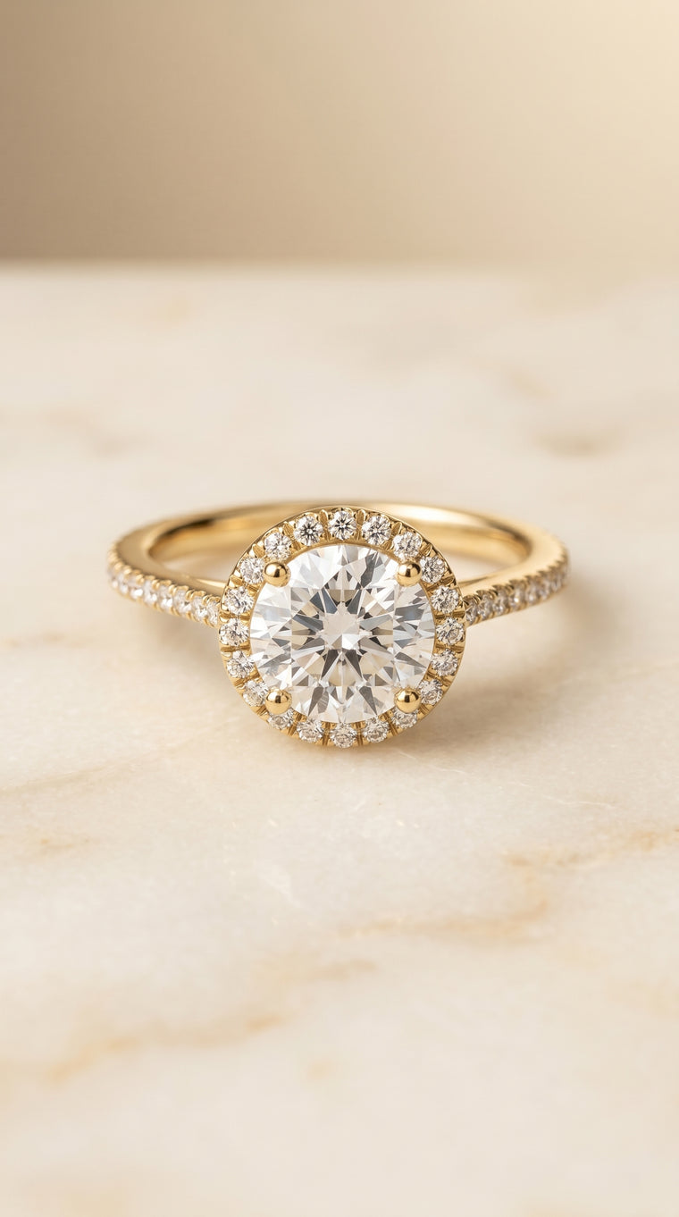 The Sonata Graduated Shank Pavé Halo Round Engagement Ring Setting in 18K Yellow Gold