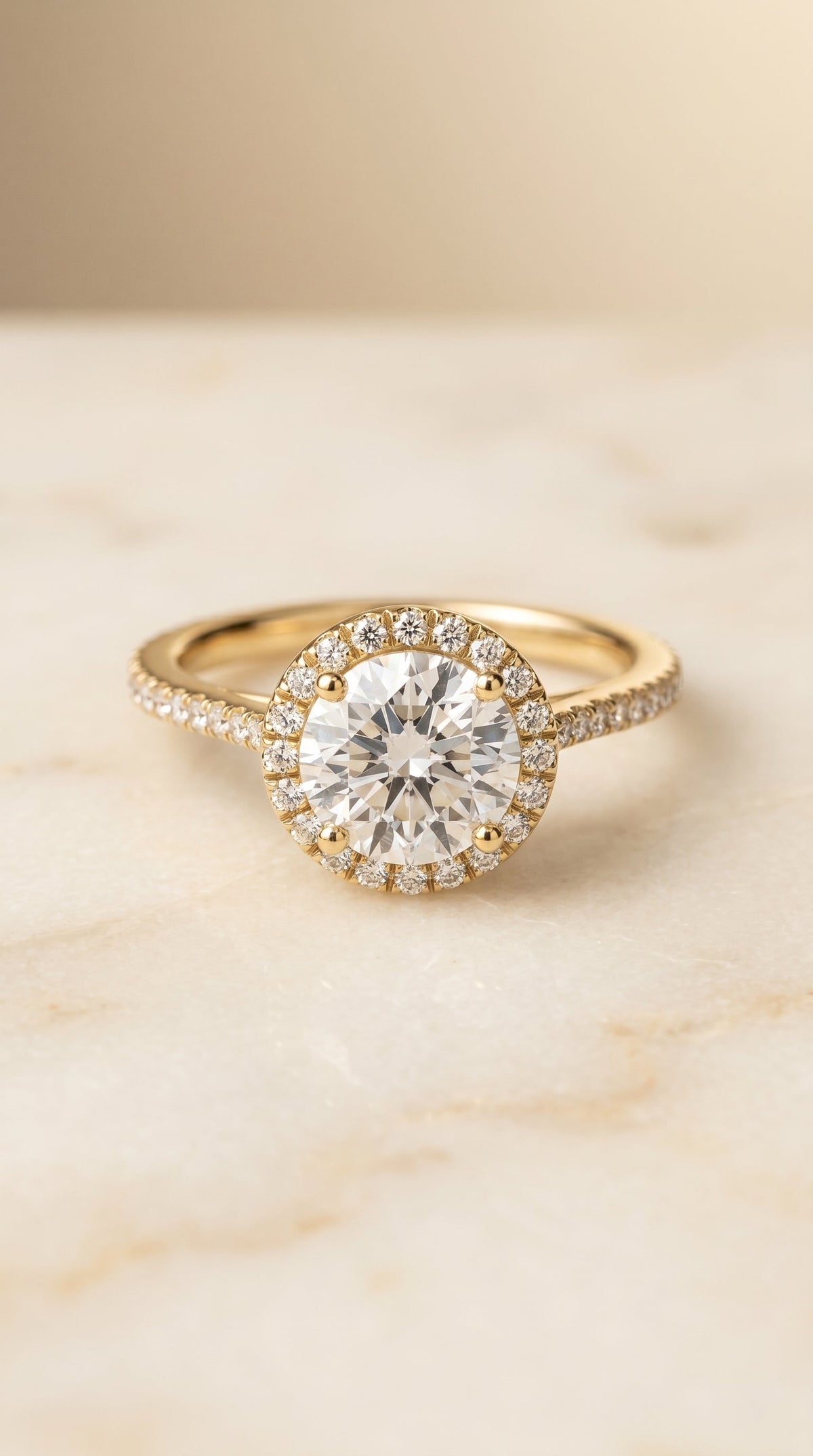 Sonata Select Halo Round Lab Diamond Engagement Ring in 18K Yellow Gold, shown on hand, angled | RockHer