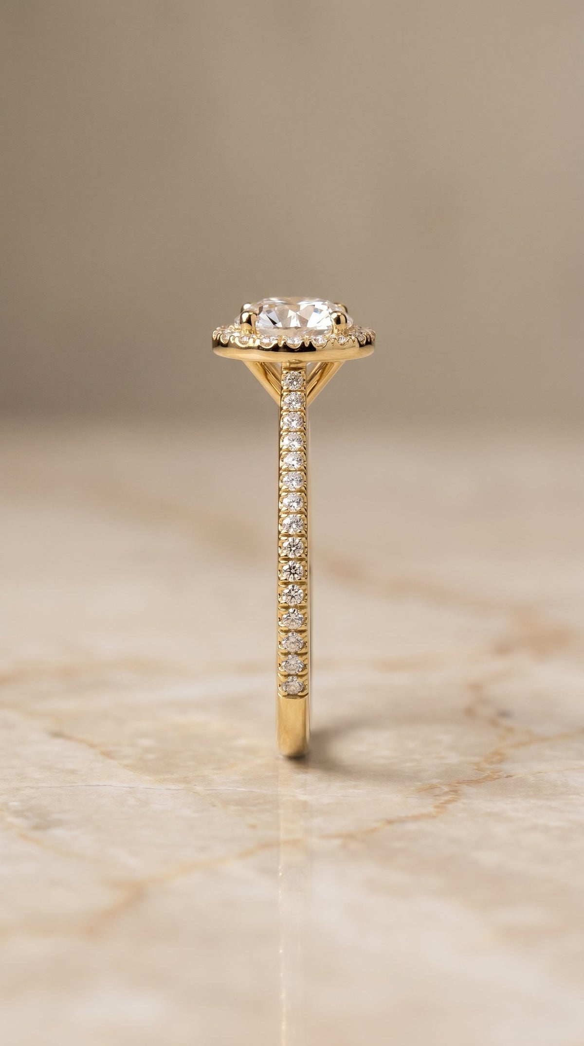 Sonata Select Halo Round Lab Diamond Engagement Ring in 18K Yellow Gold, side view | RockHer