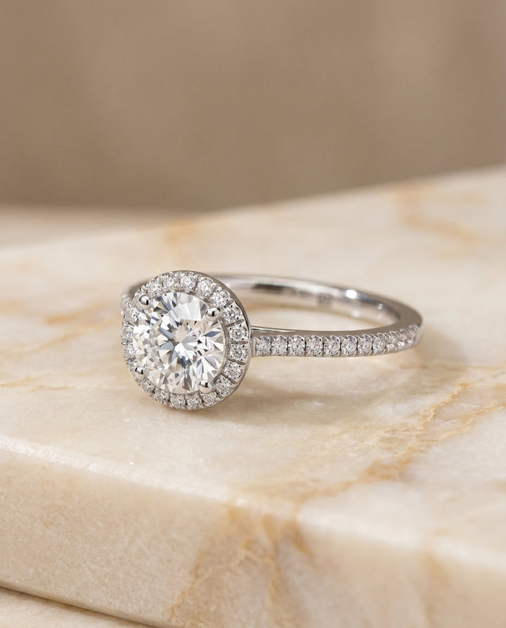 Sonata Select Halo Round Lab Diamond Engagement Ring in 18K White Gold, shown on hand, angled | RockHer