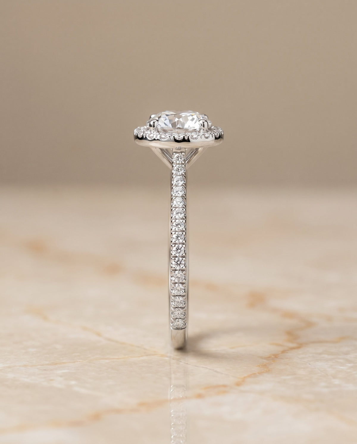 Sonata Select Halo Round Lab Diamond Engagement Ring in 18K White Gold, side view | RockHer