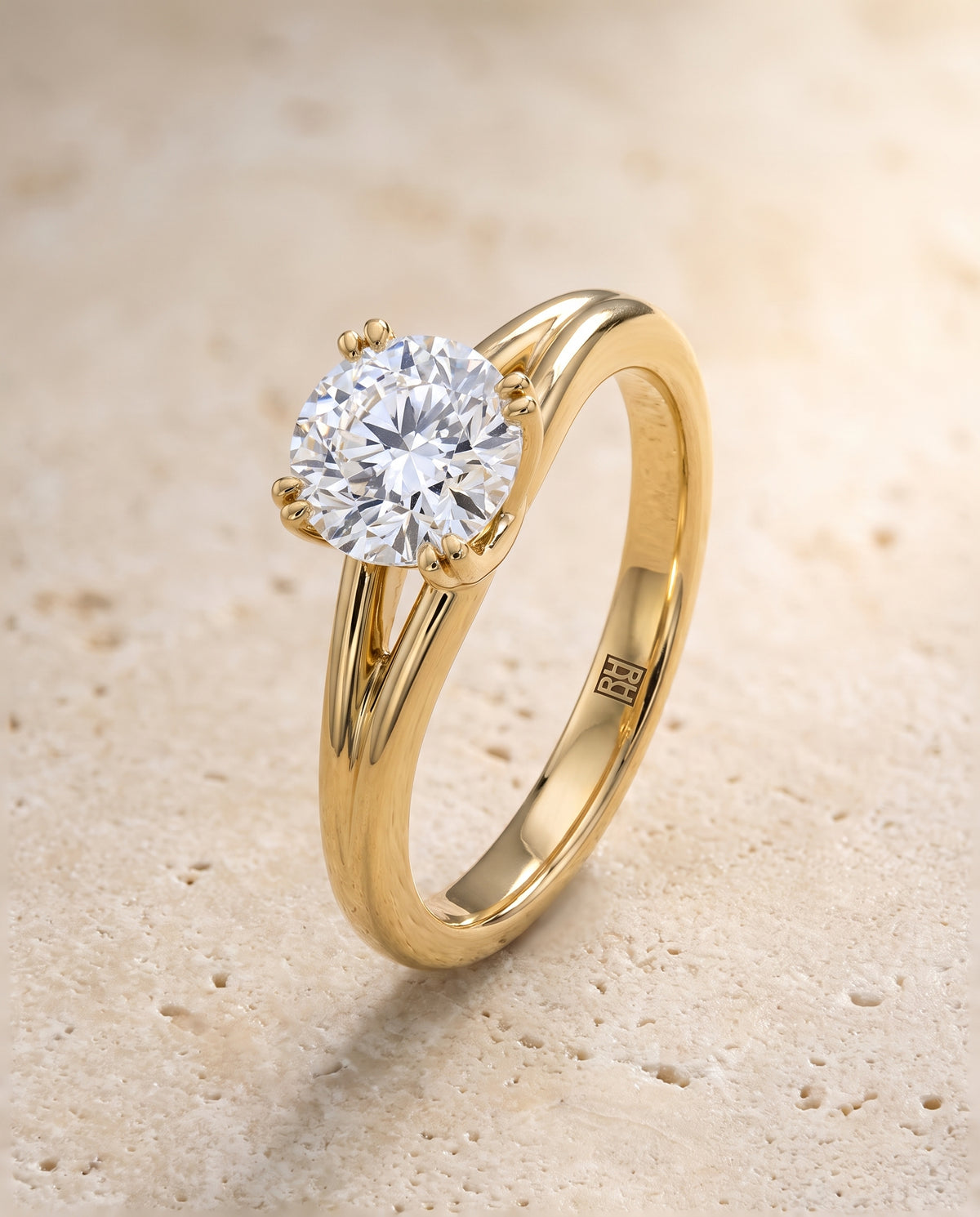 The Spring East West Eight Claw Comfort Fit Solitaire Round Engagement Ring Setting in 18K Yellow Gold