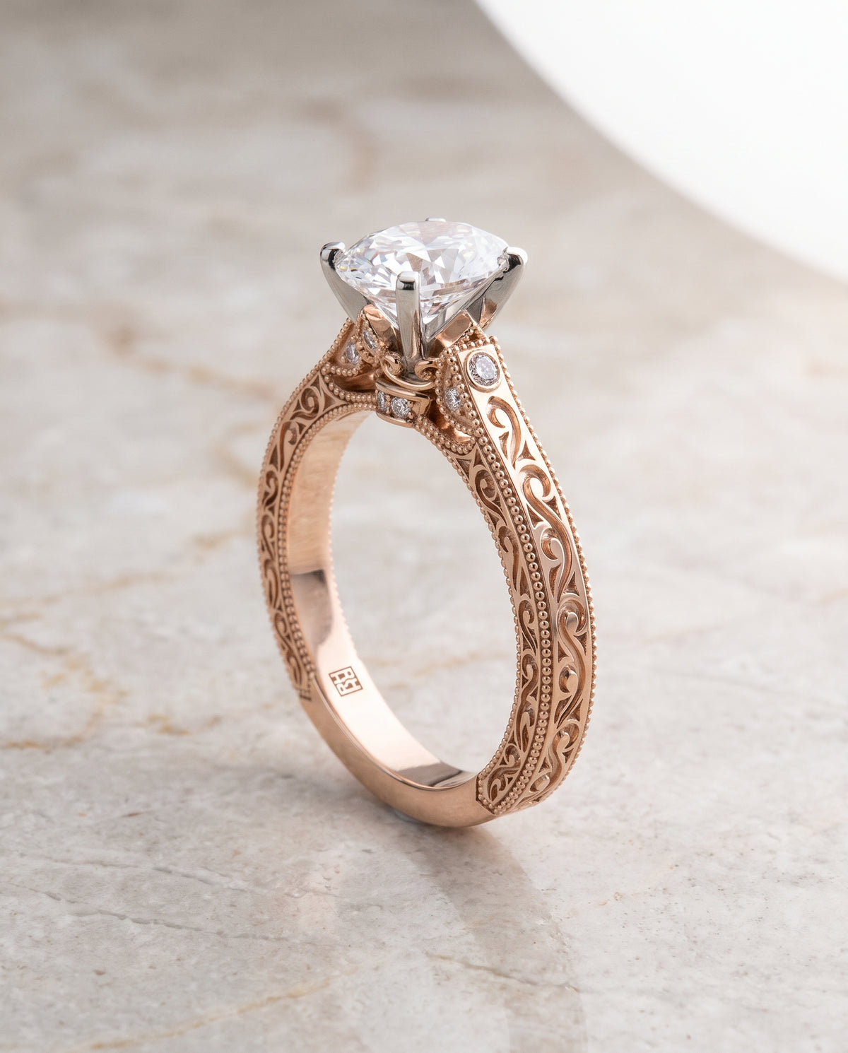 The Stella Antique Hand Engraved Solitaire Oval Engagement Ring Setting in 14K Rose Gold