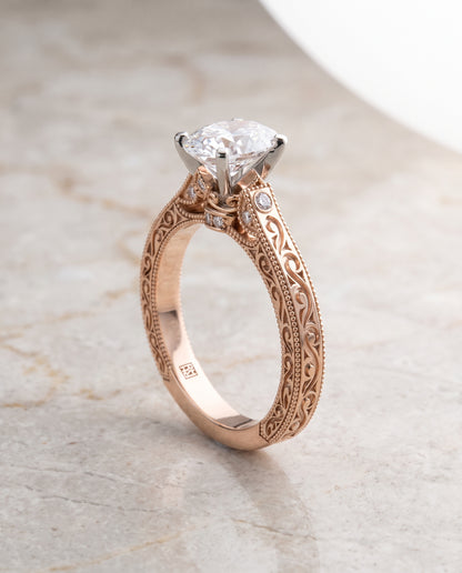 The Stella Antique Hand Engraved Solitaire Oval Engagement Ring Setting in 14K Rose Gold