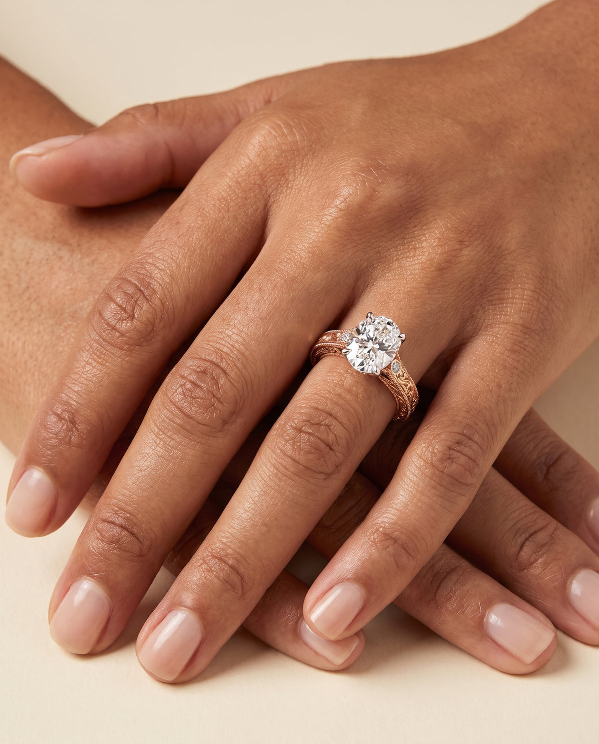 The Stella Antique Hand Engraved Solitaire Oval Engagement Ring Setting in 14K Rose Gold