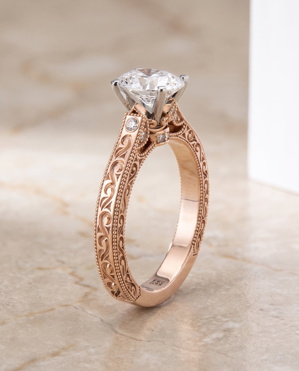 The Stella Antique Hand Engraved Solitaire Oval Engagement Ring Setting in 14K Rose Gold