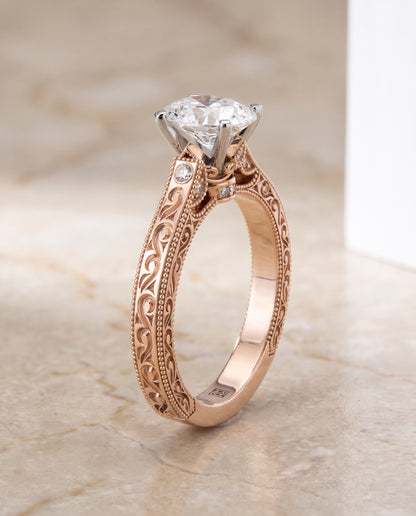 The Stella Antique Hand Engraved Solitaire Oval Engagement Ring Setting in 14K Rose Gold