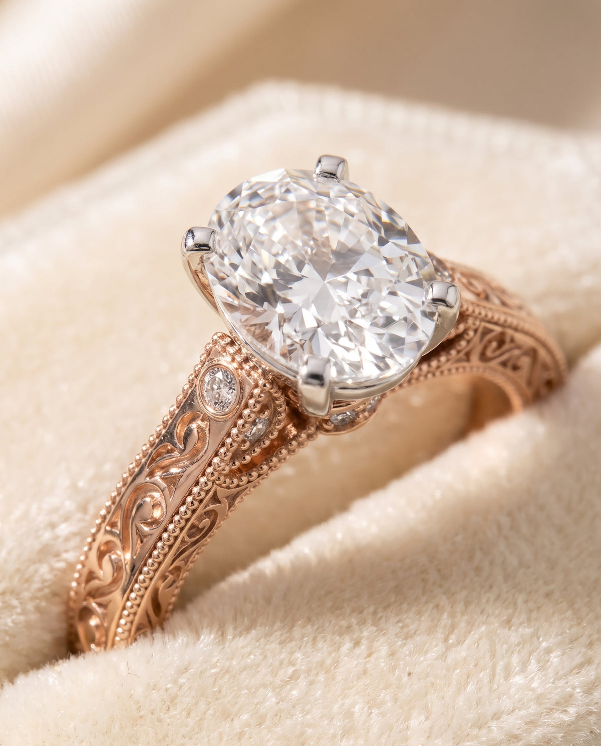 The Stella Antique Hand Engraved Solitaire Oval Engagement Ring Setting in 14K Rose Gold