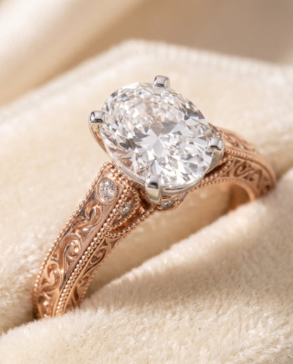 The Stella Antique Hand Engraved Solitaire Oval Engagement Ring Setting in 14K Rose Gold