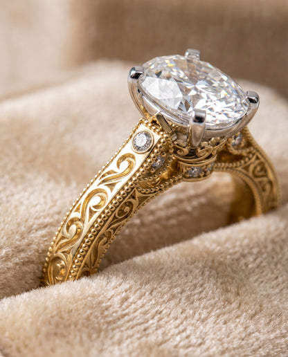 The Stella Antique Hand Engraved Solitaire Oval Engagement Ring Setting in 18K Yellow Gold