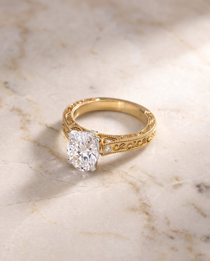 The Stella Antique Hand Engraved Solitaire Oval Engagement Ring Setting in 18K Yellow Gold