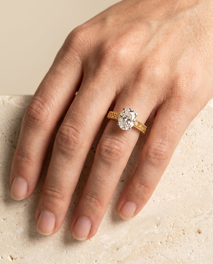 The Stella Antique Hand Engraved Solitaire Oval Engagement Ring Setting in 18K Yellow Gold
