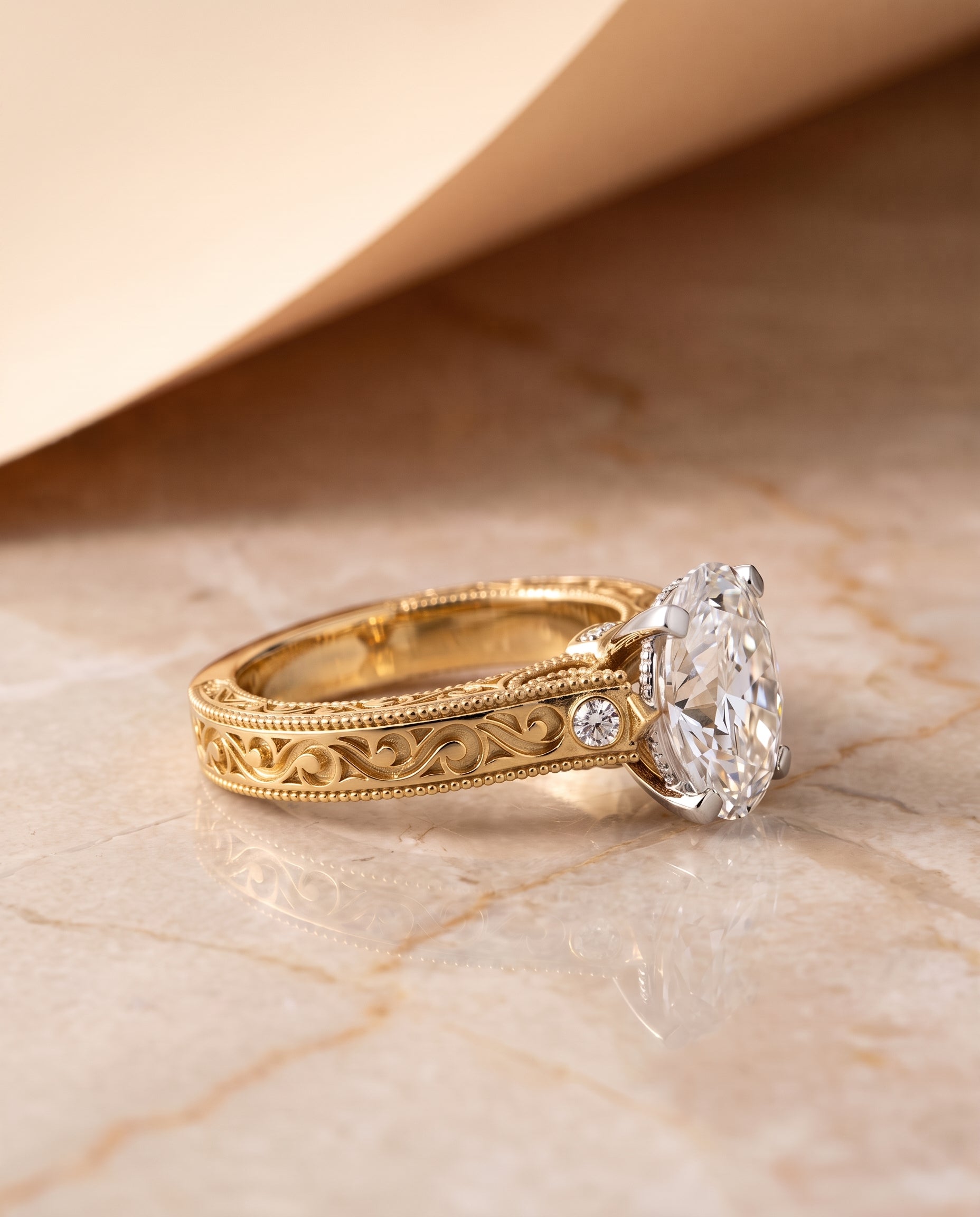 The Stella Antique Hand Engraved Solitaire Oval Engagement Ring Setting in 18K Yellow Gold