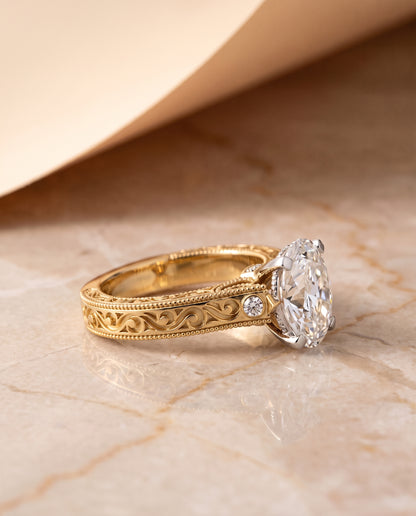The Stella Antique Hand Engraved Solitaire Oval Engagement Ring Setting in 18K Yellow Gold