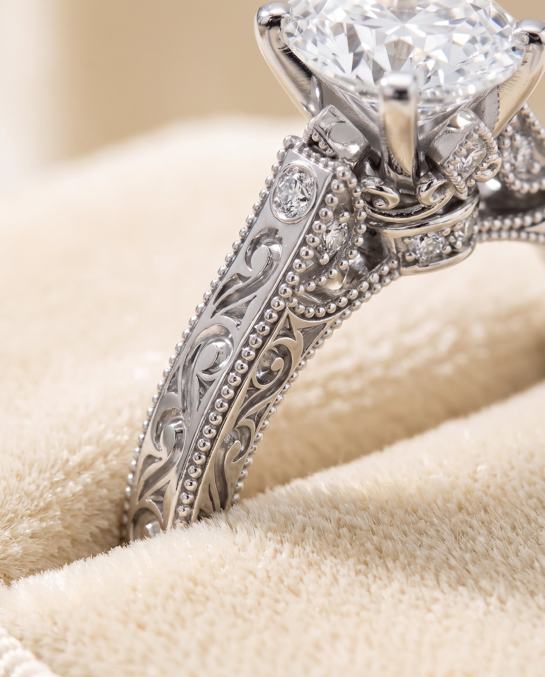 The Stella Antique Hand Engraved Solitaire Oval Engagement Ring Setting in 18K White Gold