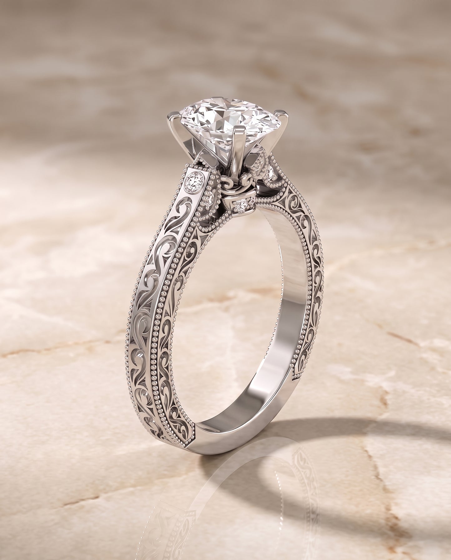 The Stella Antique Hand Engraved Solitaire Oval Engagement Ring Setting in 18K White Gold