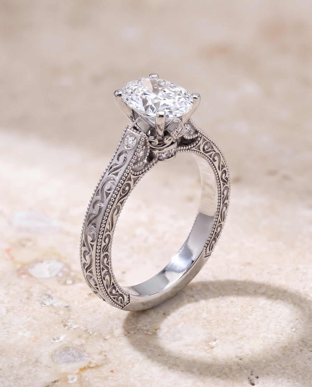 The Stella Antique Hand Engraved Solitaire Oval Engagement Ring Setting in 18K White Gold