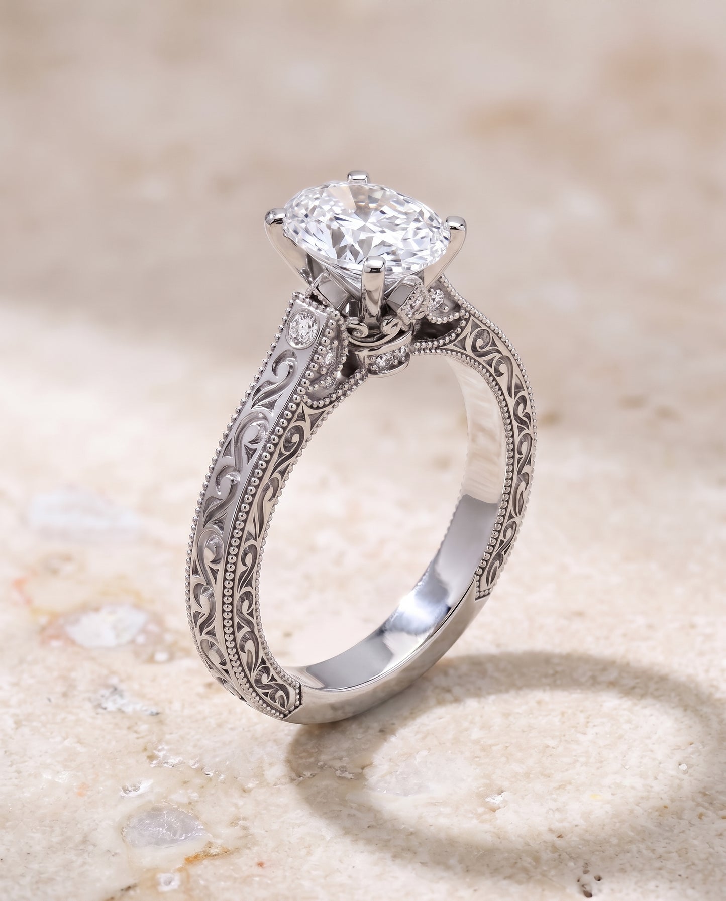 The Stella Antique Hand Engraved Solitaire Oval Engagement Ring Setting in 18K White Gold